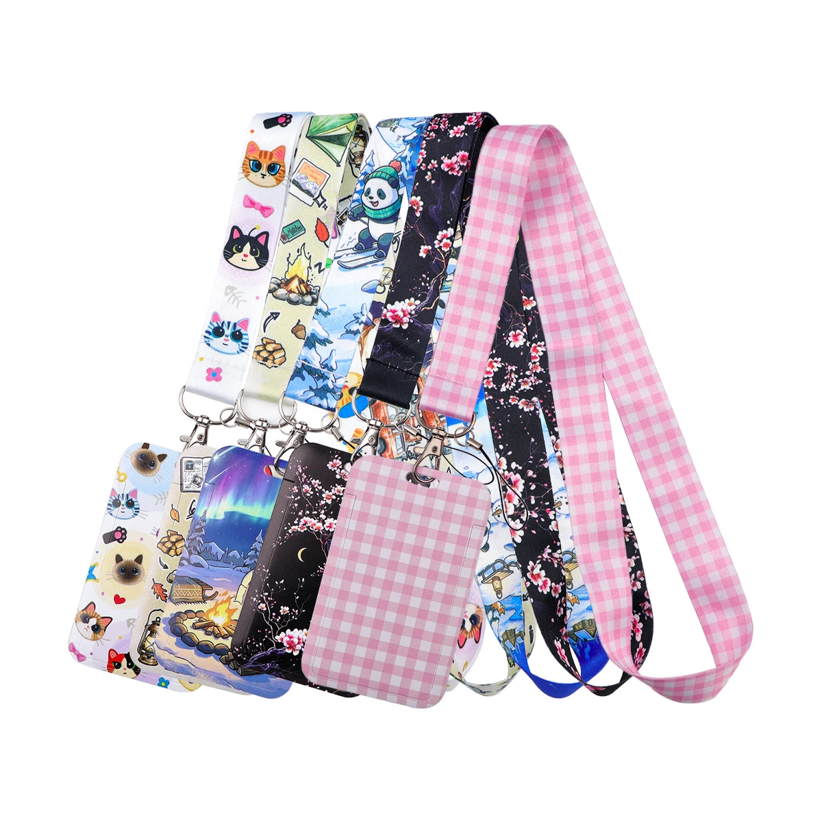 Pink Plaid Lanyard Card Holder ID Badge Sleeve for Student Staff Credential Cover School Office Trip Holiday Party Gift
