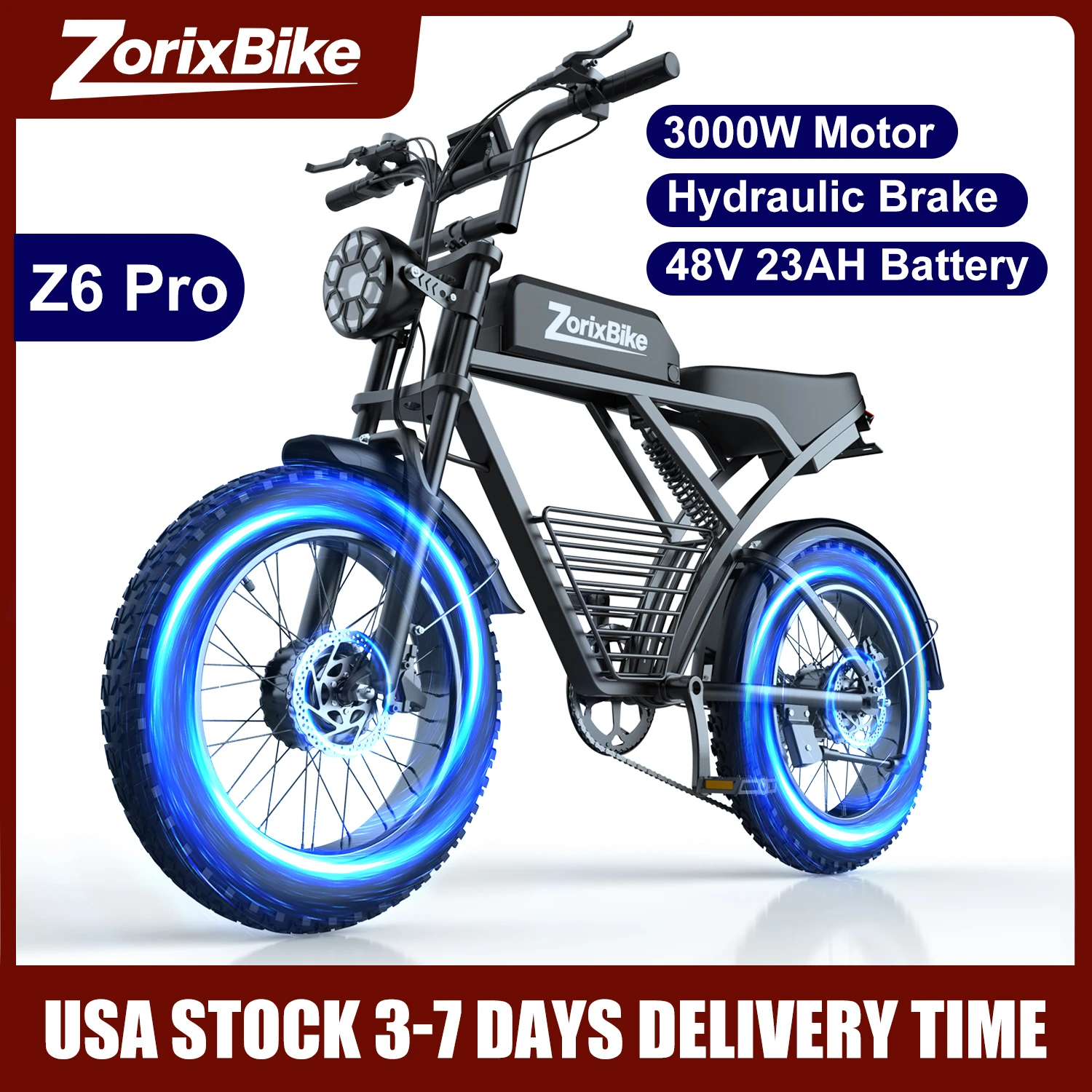

ZorixBike Z6 Pro Electric Bike for 3000W 35MPH 48V 23AH Max 80Miles Electric Motorcycle 20" Fat Tire Bike Shamano 7-Speed EBike