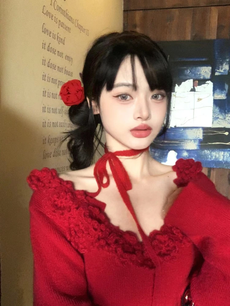 Y2k Aesthetic 3D Flower Sweet Off Shoulder Pullover 2024 Women Vintage Harajuku Knitted Jumper Fairy Grunge Red Slim Fit Sweate