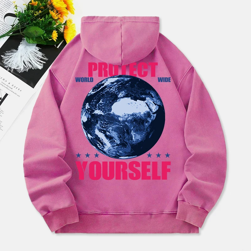 Protect World Wide Yourself Washed Hoodies Women Planet Prints Cotton Hoodie Pocket Oversize Warm Pullover Winter Womans Clothes