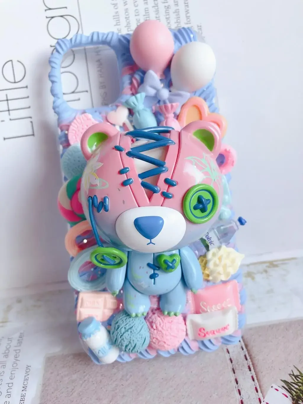 Cute Bear Handmade Case for iPhone 16 pro max DIY Phone Cover iP 16pro pink blue Kawaii candy food Customized 15plus Cream Shell