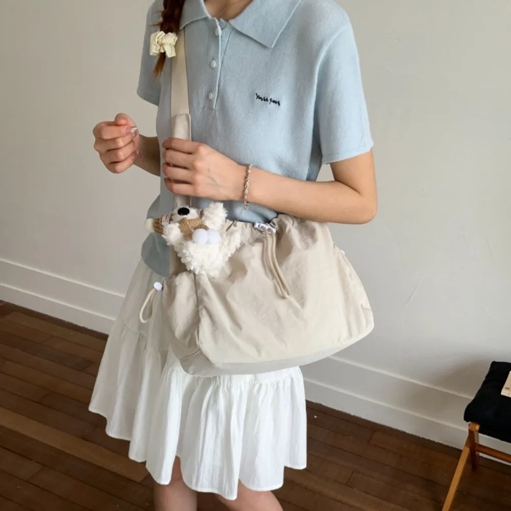 

Casual Korean Nylon Shoulder Bag Large Capacity Waterproof Drawstring Tote Bag Pleated Commut Crossbody Bag Handbag