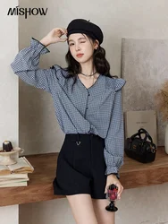 MISHOW Women Sweet Plaid Blouse French Ruffle Fly Sleeve Love Button Shirts 2024 Autumn V-Neck Loose Vintage Tops MXD45X1661