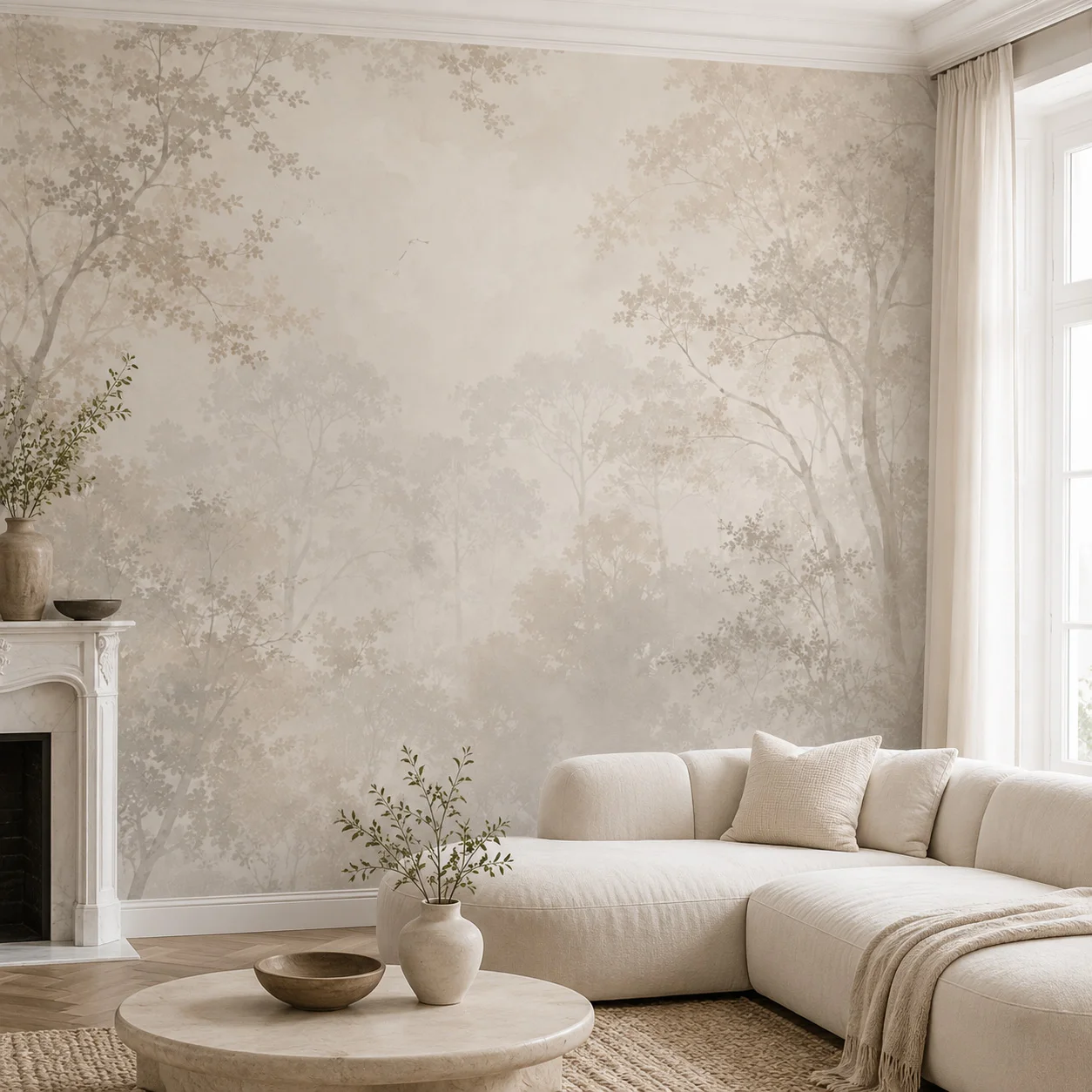 Beige Forest Wall Mural Wallpaper, Neutral Botanical Tree Landscape Background for Living Room Bedroom Decor, Paste Required