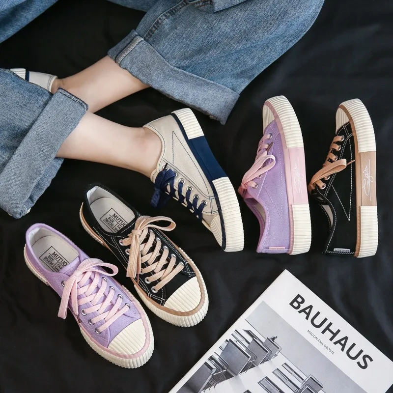 Women's Vulcanized Shoes Low Cut Canvas Shoes Women's Korean Fashion Women's Shoes Breathable Lace Up Solid Color Spring New