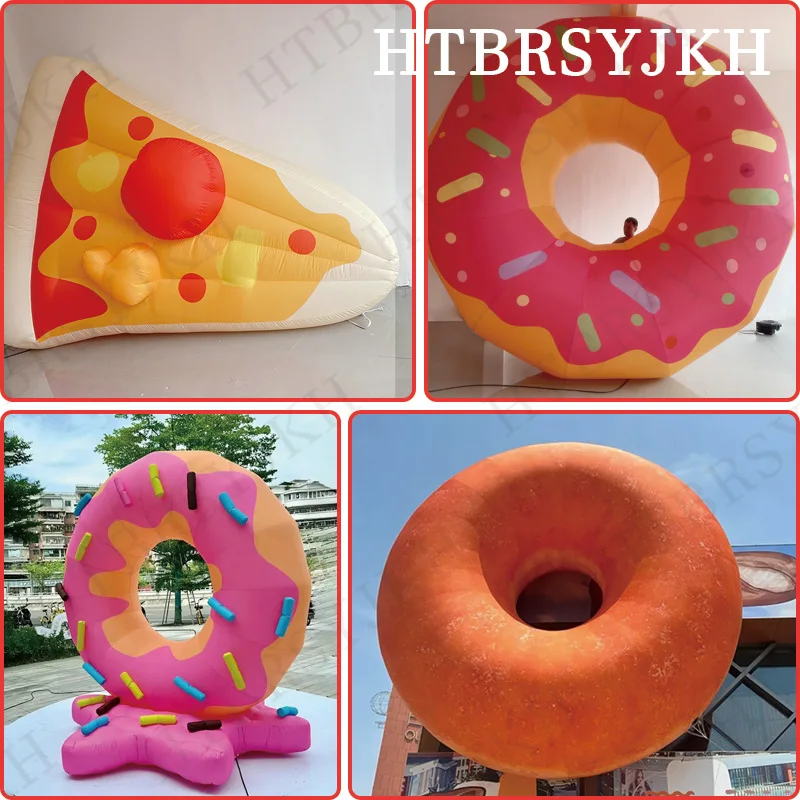 

Inflatable donuts and pizzas, food category, pink red orange yellow color, outdoor activities promotional decorative props