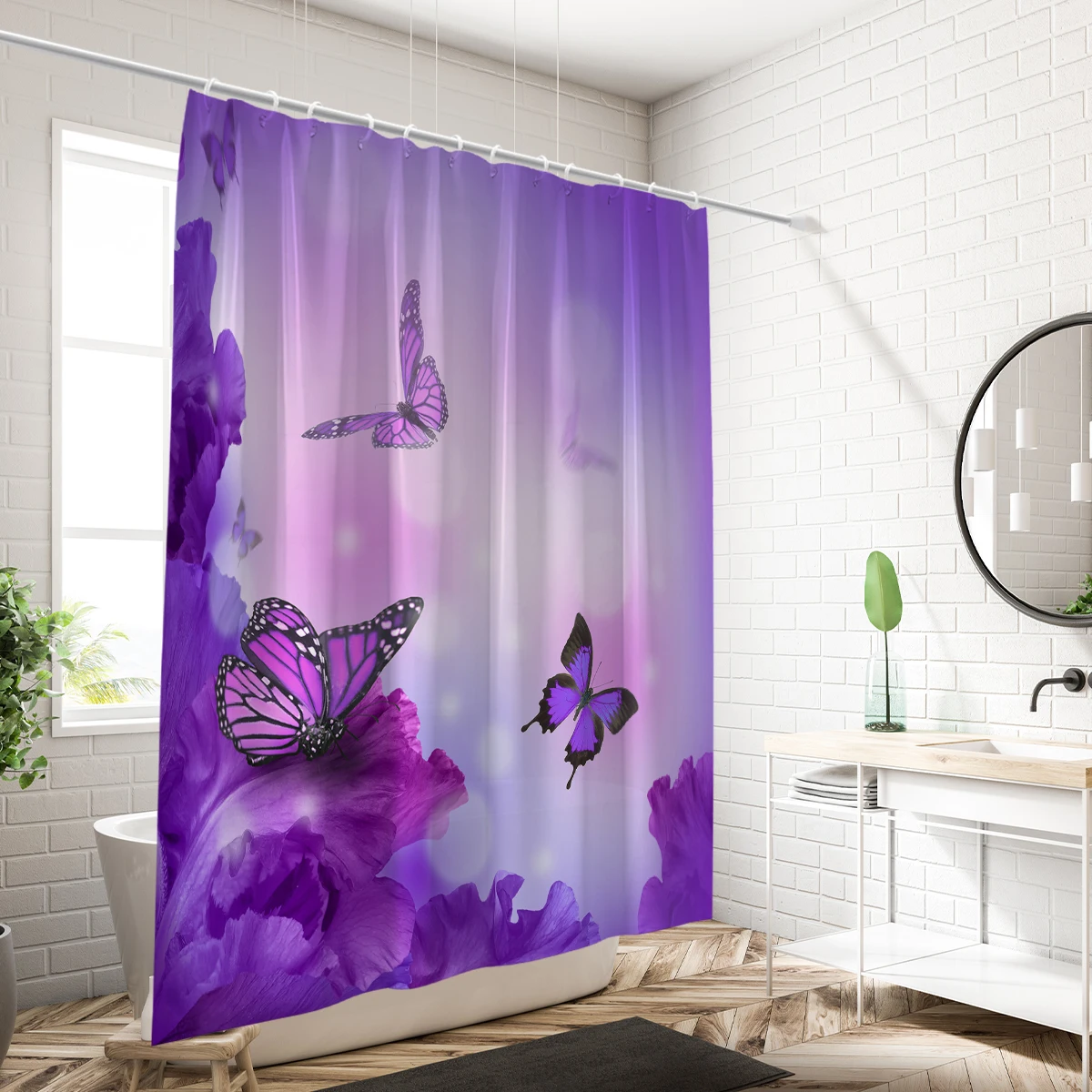 1 piece of 180x180cm purple dreamy butterfly flower print shower curtain partition, bathroom waterproof and mold resistant