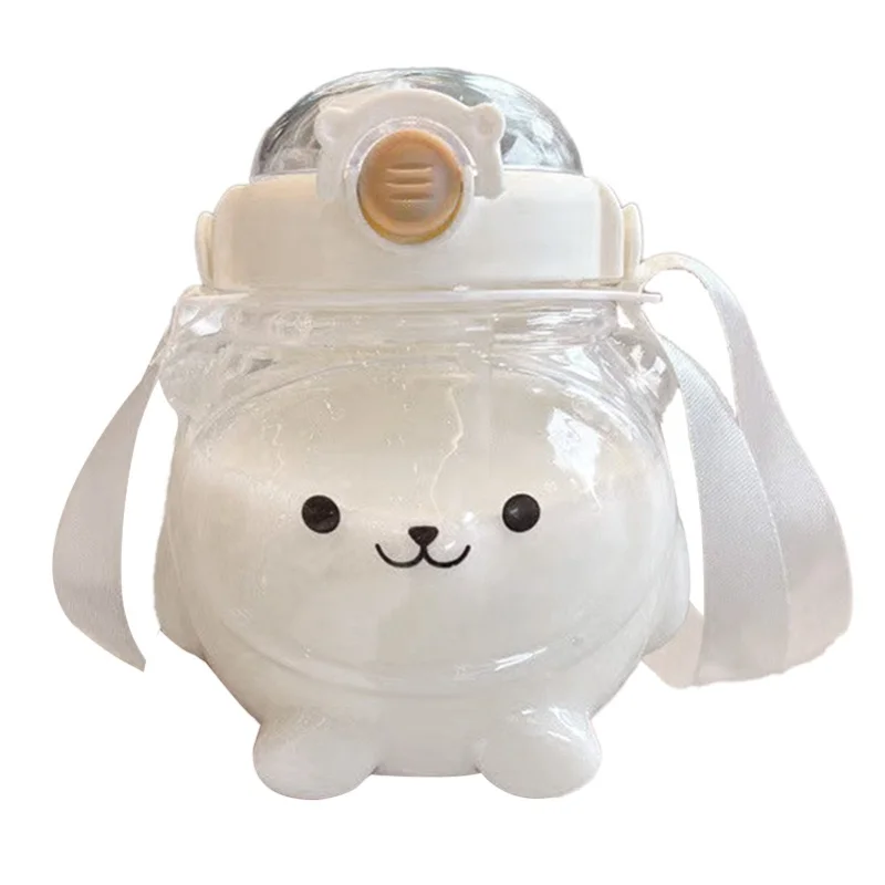 

Пластиковая бутылка для воды с милым дизайном панды, 1000 мл, большая емкость, с трубочкой и ремешком для переноски, детская бутылка для ежедневного использования.
