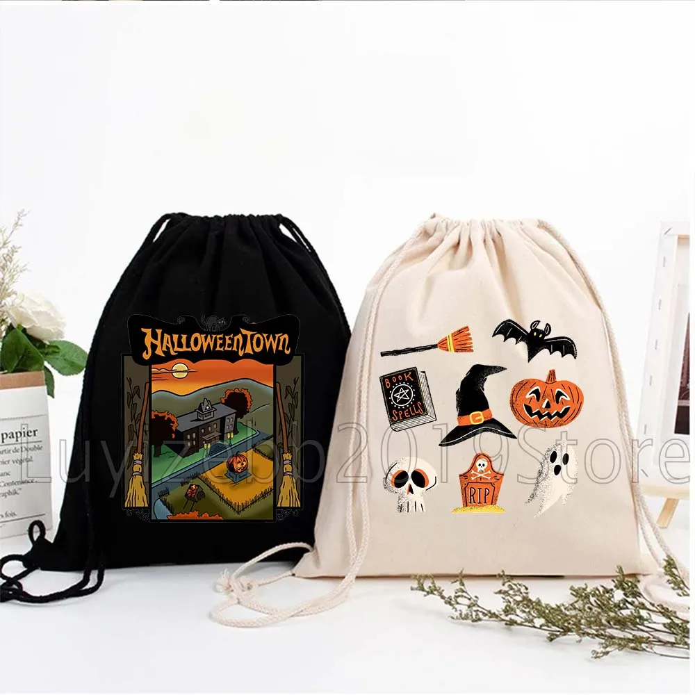 Spooky Halloween Gifts Cute Ghosts Skull Pumpkin Candy Canvas Drawstring Bag Soccer Backpack Gym Sackpack Sports Yoga String Bag