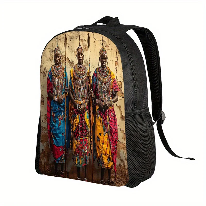 

1 African tribal design 2D printed backpack resembling African warrior costumes. Suitable for school, travel, camping
