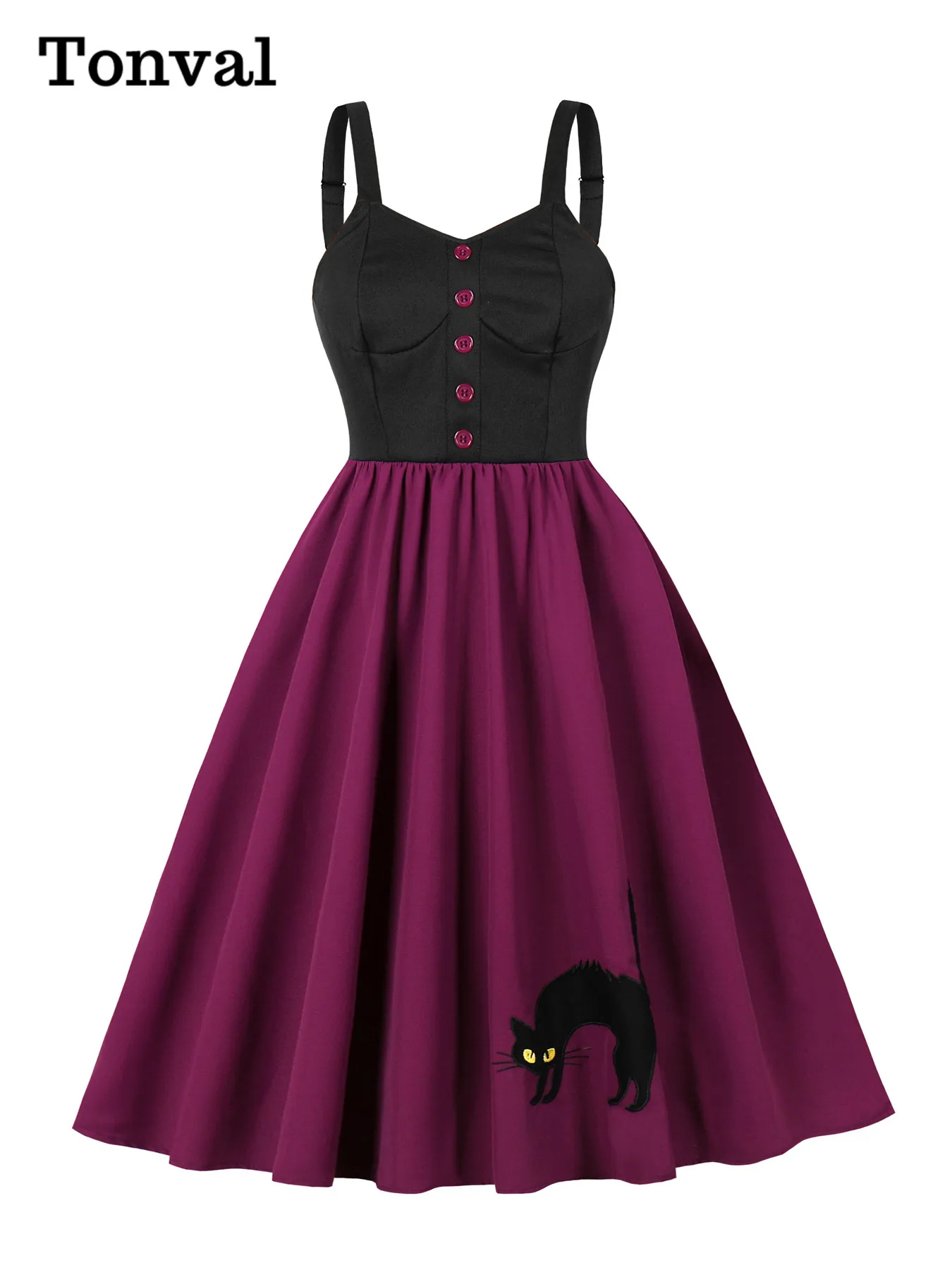Tonval – robe de soirée d'halloween brodée de chat bicolore noir et violet pour femmes, boutons sur le devant et robes plissées évasées