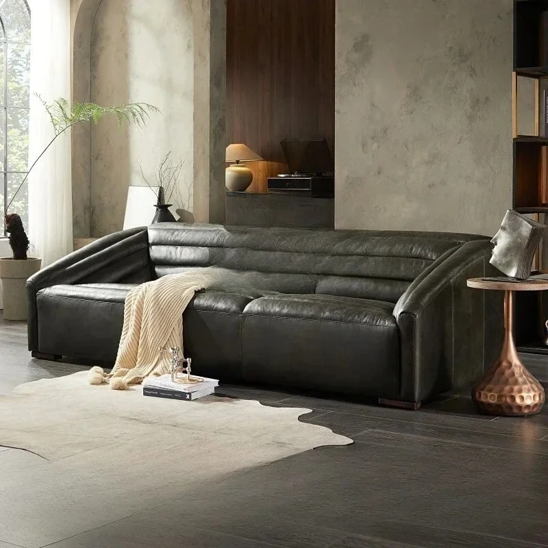 A  Nordic Living Room Full Leather Sofa Antique Light Luxury Italian Minimalist Double Triple