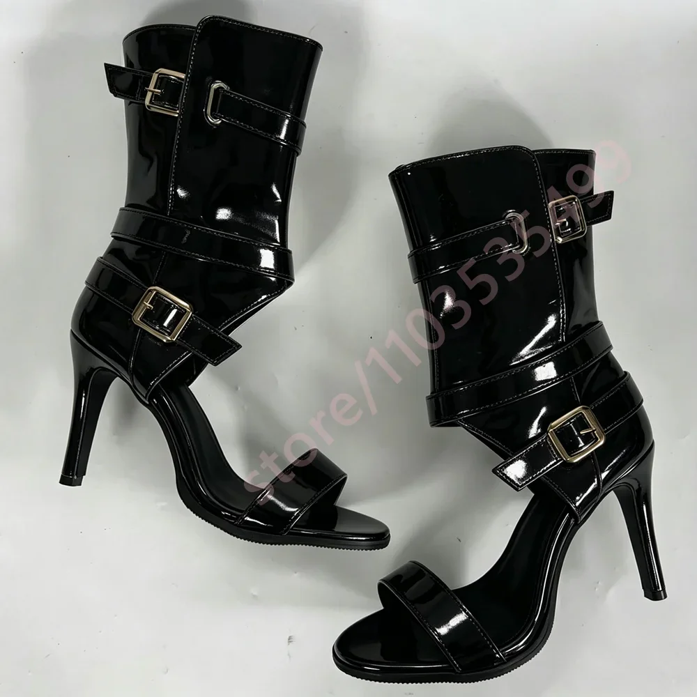 2026 New Fashion Cutout Mid Calf Heeled Sandals Women Open Toe Party Ankle Boots Multi Buckle Straps Side Zipper Thin Stiletto