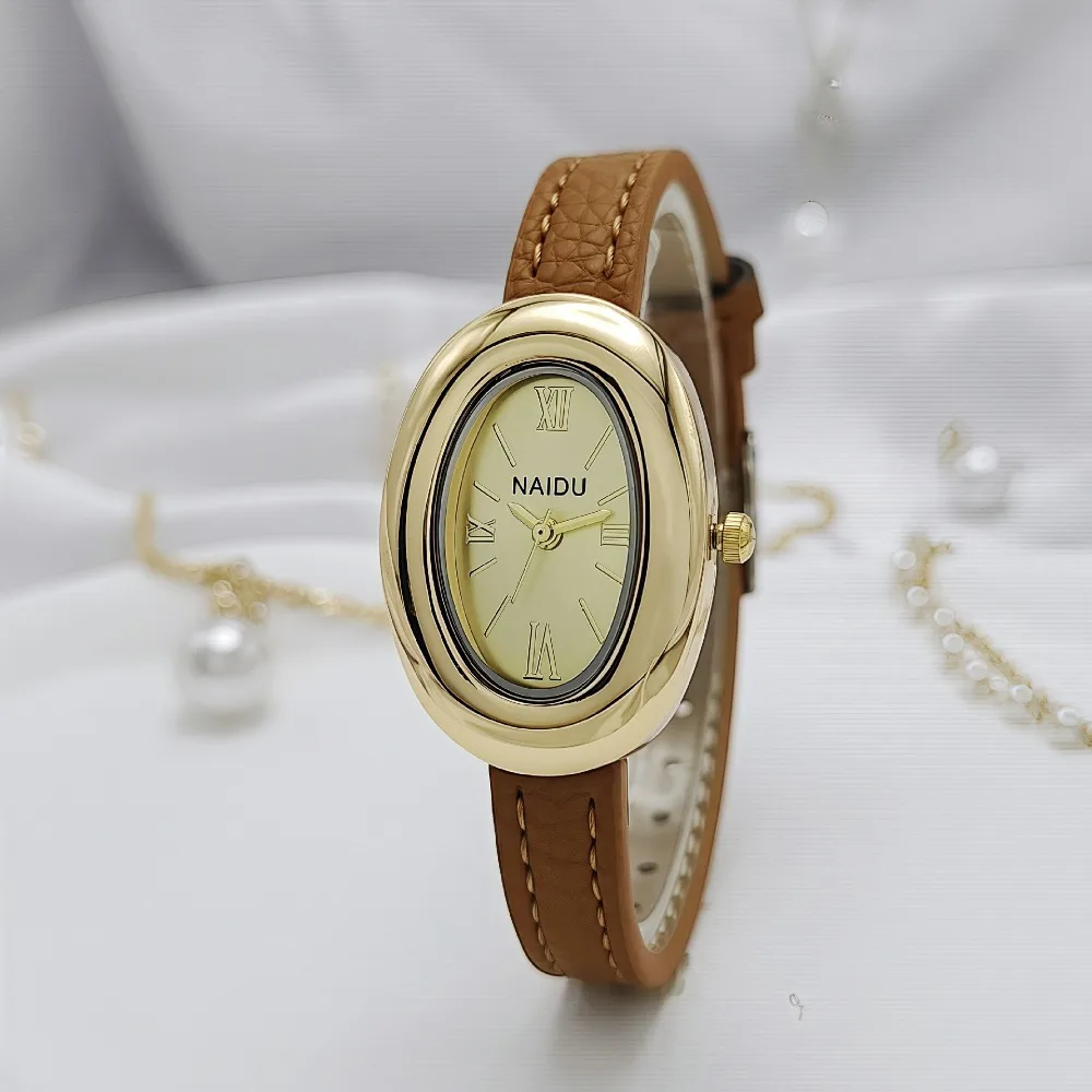 Goose Egg Shape Luxury Women Quartz Watch Soft Leather Strap Casual Leather Strap Wristwatch Durable Female Wristwatch