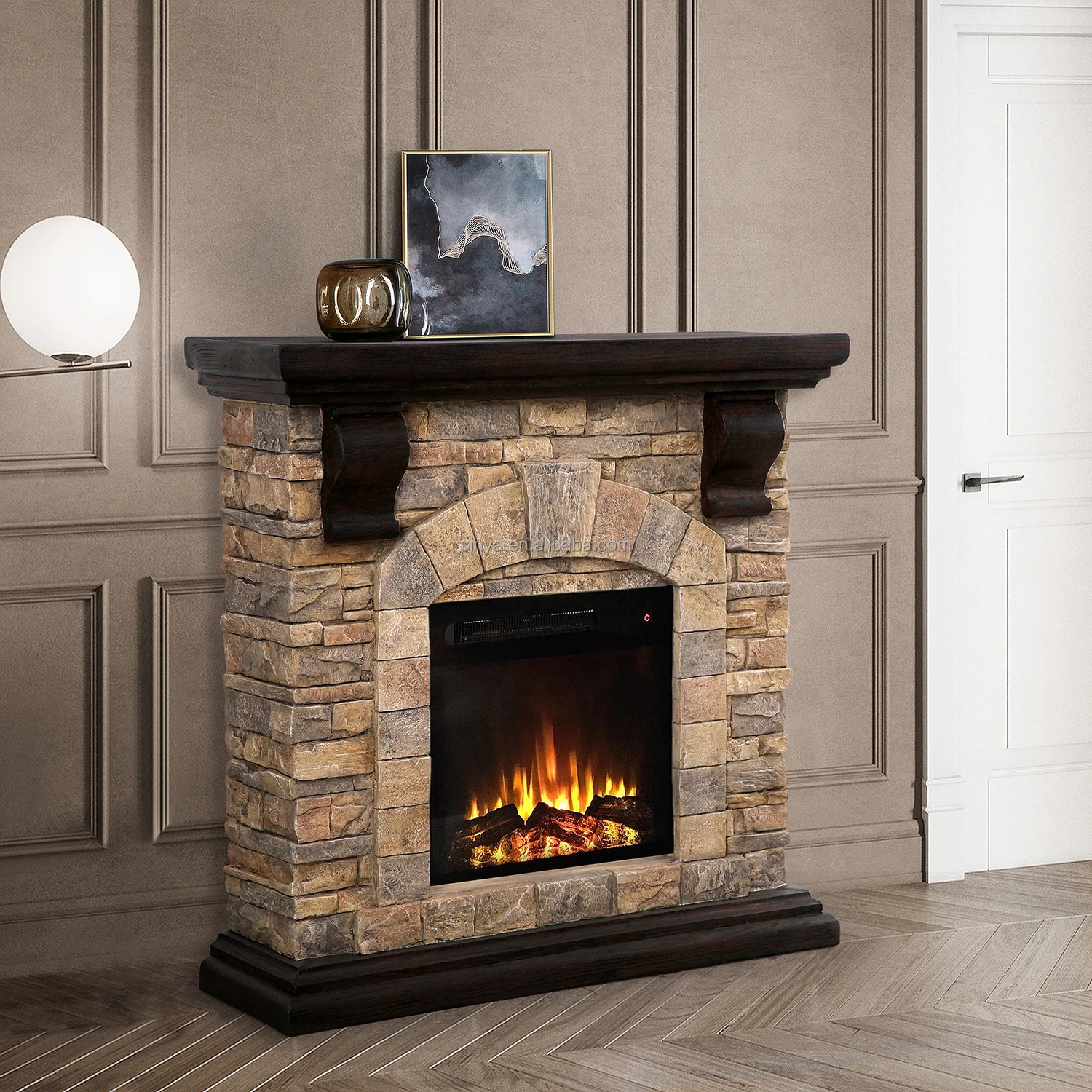 

【Hot】Classic Polystone Mantel Electric Fireplace Freestanding Installation English Operated for Household Hotel Use Arrives Ador