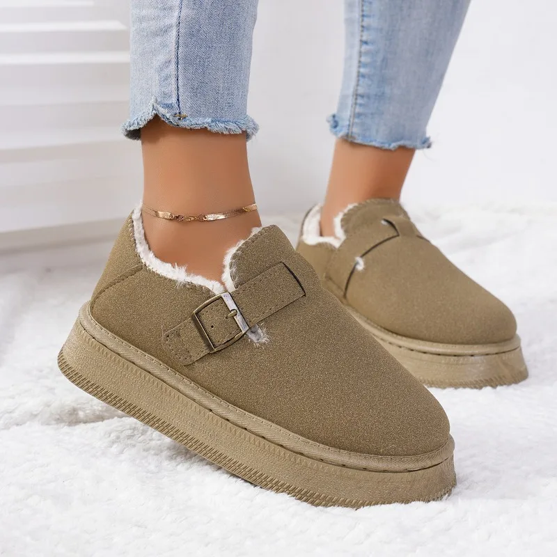 Mode Damenschuhe verstopft Plattform Slip-On Round Toe Winterkleid neue Slip on Flock Kuh Wildleder Gummi Knöchel Plateaus tiefel