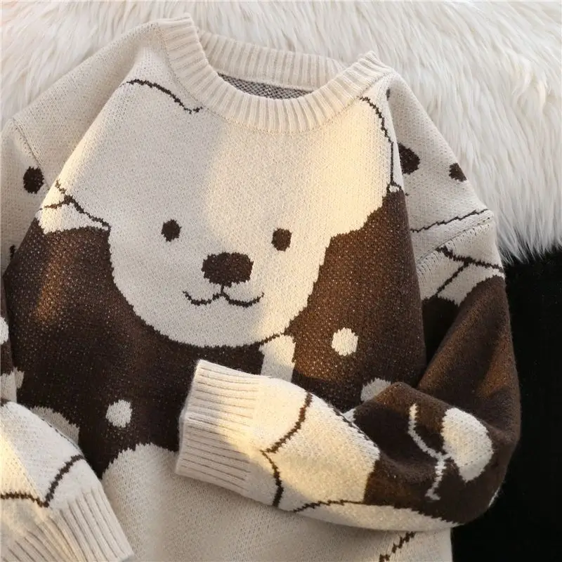 Women Trendy Funny Kawaii Cartoon Bear Casual Streetwear Y2K Knitted Sweaters Winter O Neck Long Sleeve Loose Fleece Pullovers