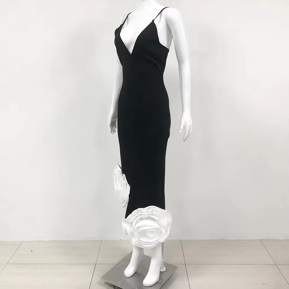 Nova moda feminina sexy sem mangas alças espaguete flor 3d bandagem longa elegante vestidos de festa de celebridades