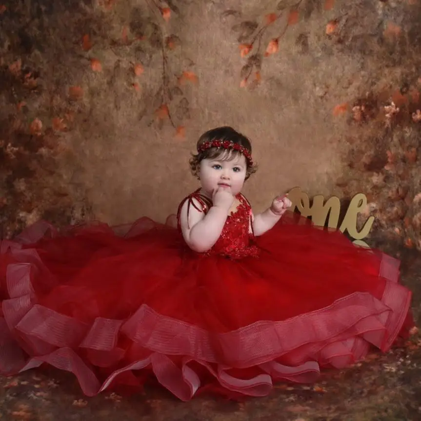 Red Tulle Flower Girl Dresses Lace Applique Sequined Adorable Toddler Christening Gown Sleeveless Birthday Party Dress