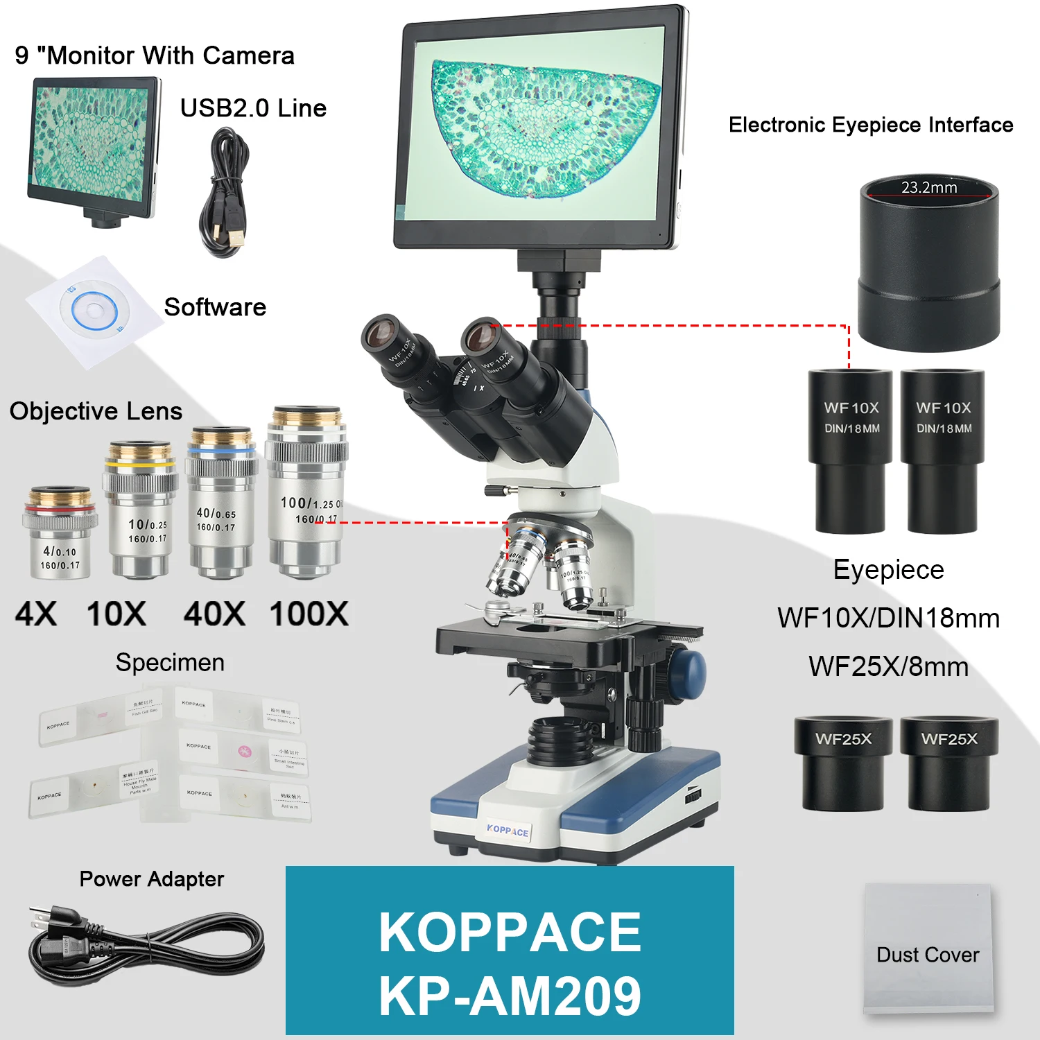 KOPPACE 40X-2500X Electron Compound Lab Microscope 2 Million Pixels 9 