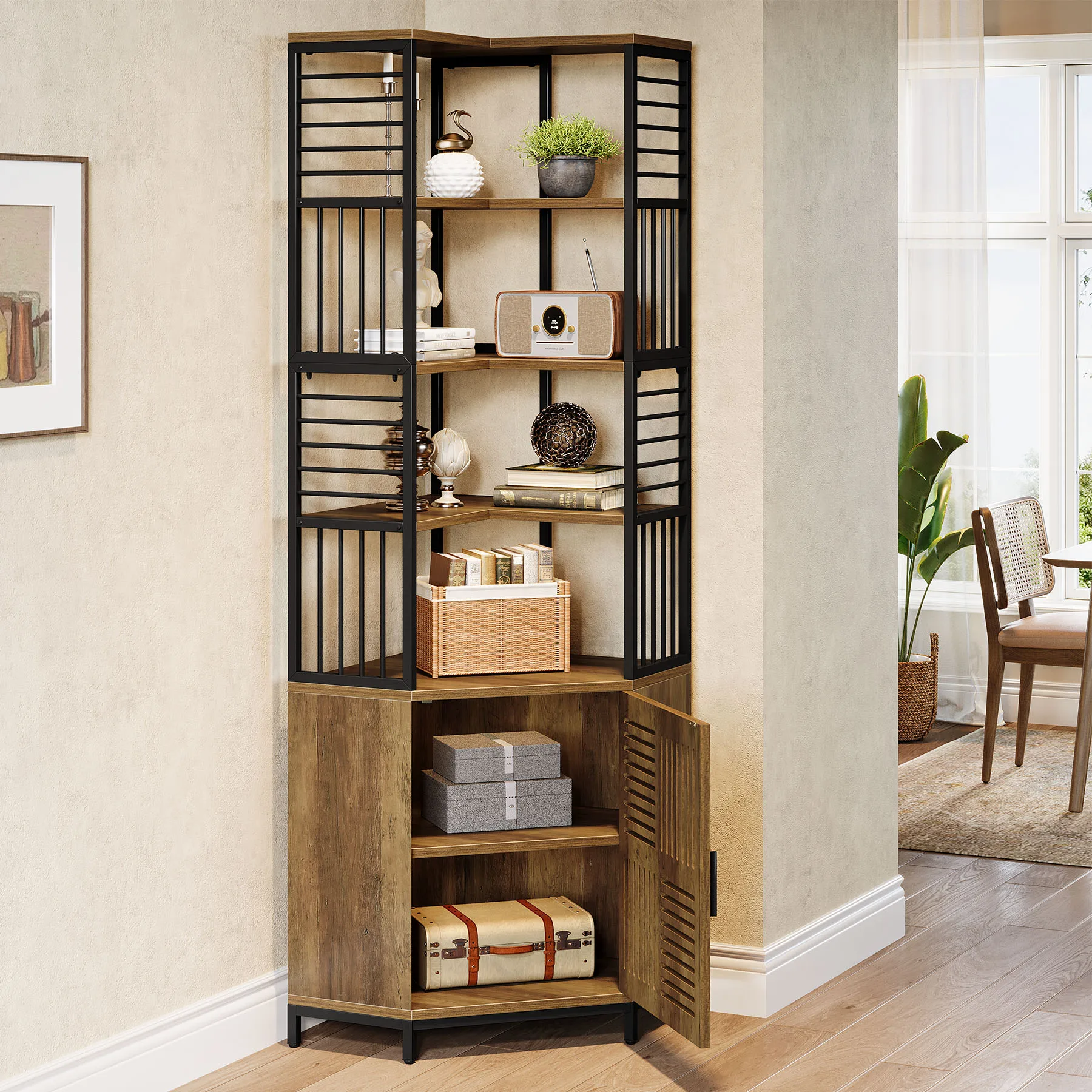 

qp-Tribesigns Tall Corner Shelf with Cabinet, 77.76-Inch Industrial Corner Cabinet with Door, 7-Tier Metal Bookshelf Storage！