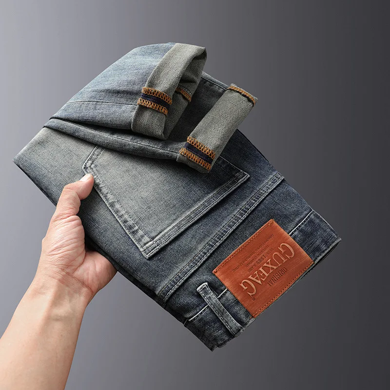 Celana Jeans untuk pria, celana Denim longgar lurus ramping kasual modis netral biru jalanan nyaman kelas atas