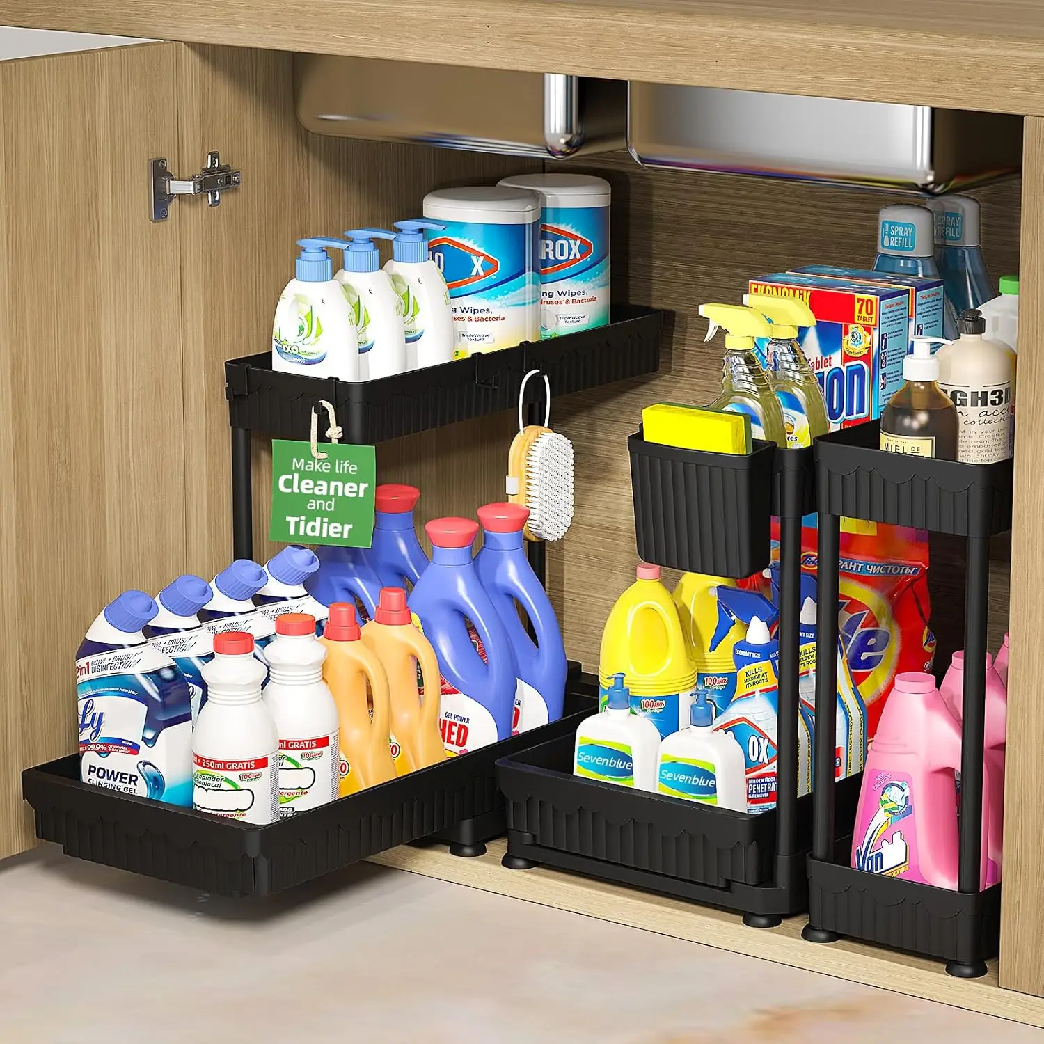 

3-Pack L-Shaped Under Sink Organizers, 2-Tier Storage for Kitchen & Bathroom, Black, 12.8 Inches