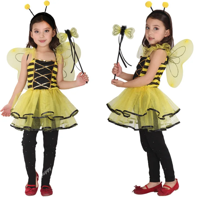 Honey Bee Fairy Elf Costumes Cosplay for Girls Kids Child Fantasia Dress