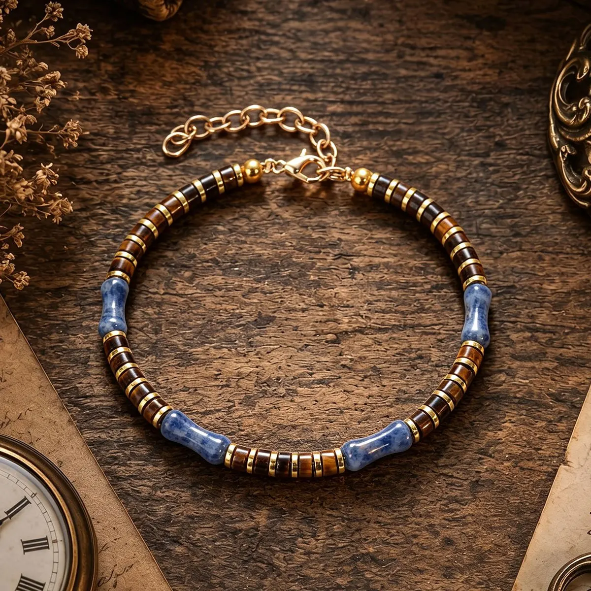 Square sodium stone tiger eye bone bead bracelet,symbolizing insight and courage,adjustable gold chain,men's and women's jewelry