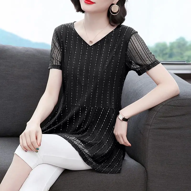 Women\'s Clothing Commute Solid Color Shirt Summer Short Sleeve Elegant V-Neck Spliced Casual Stylish Bright Silk Gauze Blouse