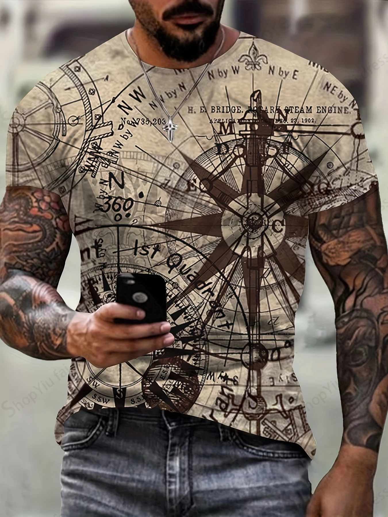 T-shirt męski 3d Vintage Compass Pattern 3d Print T-shirty Mężczyźni Kobiety Moda T shirt Hip Hop Tops Tees Outdoor Odzież Męska