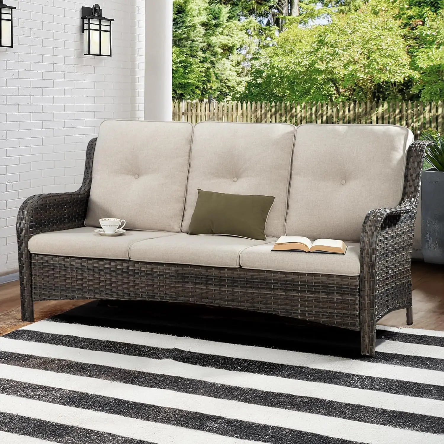 

73'' Outdoor Patio Couch Wicker Sofa - 3 Seater Rattan Sofa for Outside Patio Garden with Deep Seating and Olefin Cushions