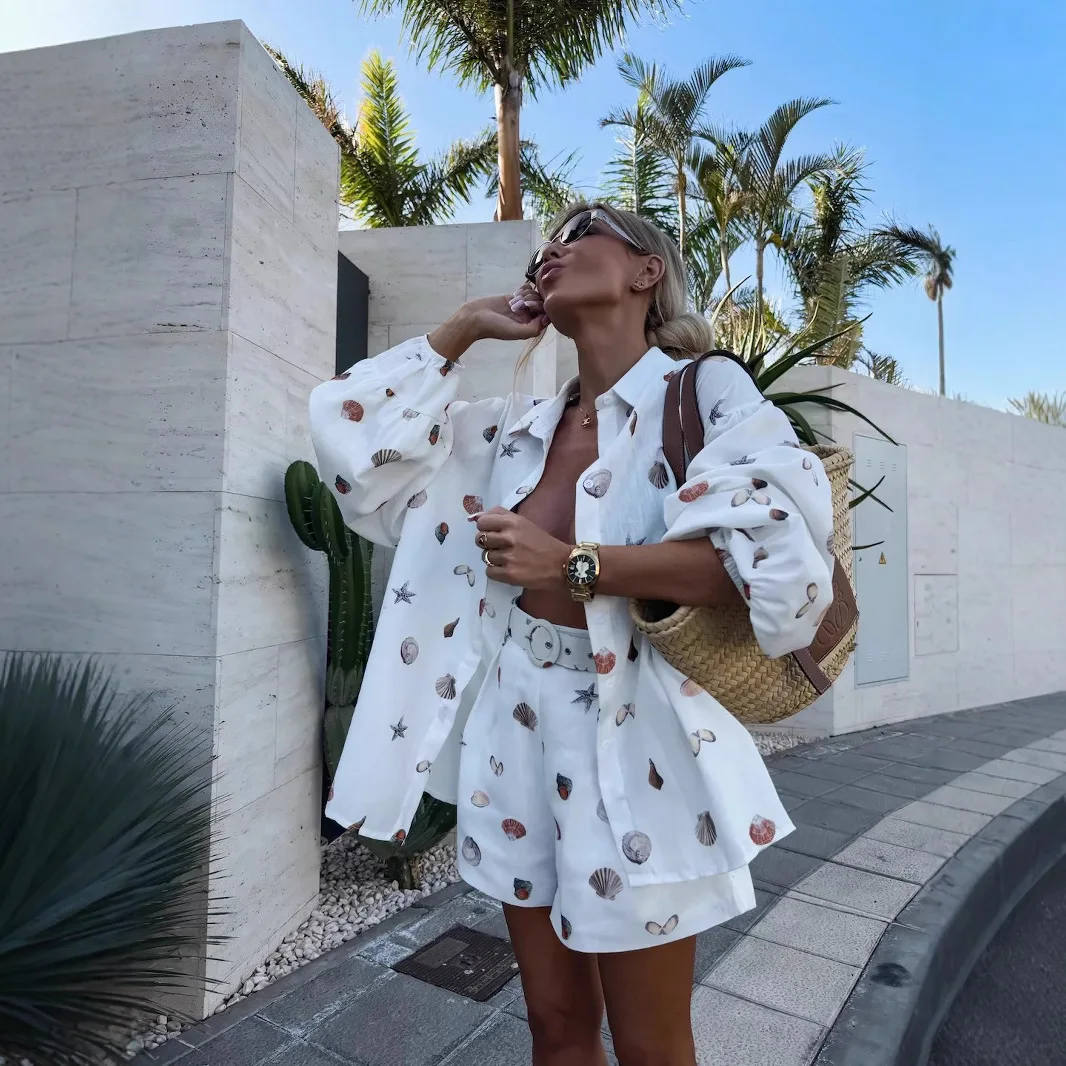 

2025 New Fashion Printed Button Shirt + Shorts Two-piece Sets Women Summer Casual Loose Cardigan Shorts Suit For Women