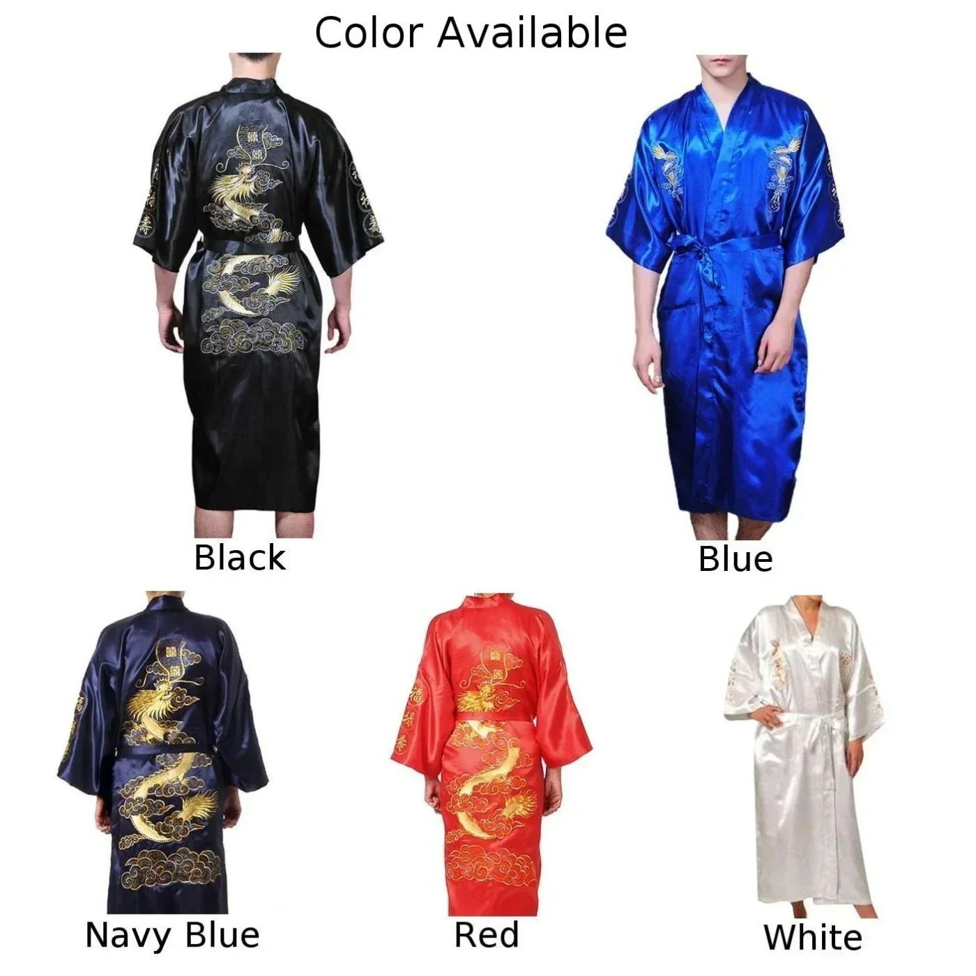 Silk Kimono Bathrobe, Chinese Dragon Design, Men\'s Sleepwear Gown, Satin Fabric, Navy Blue/Red/White/Black/Blue