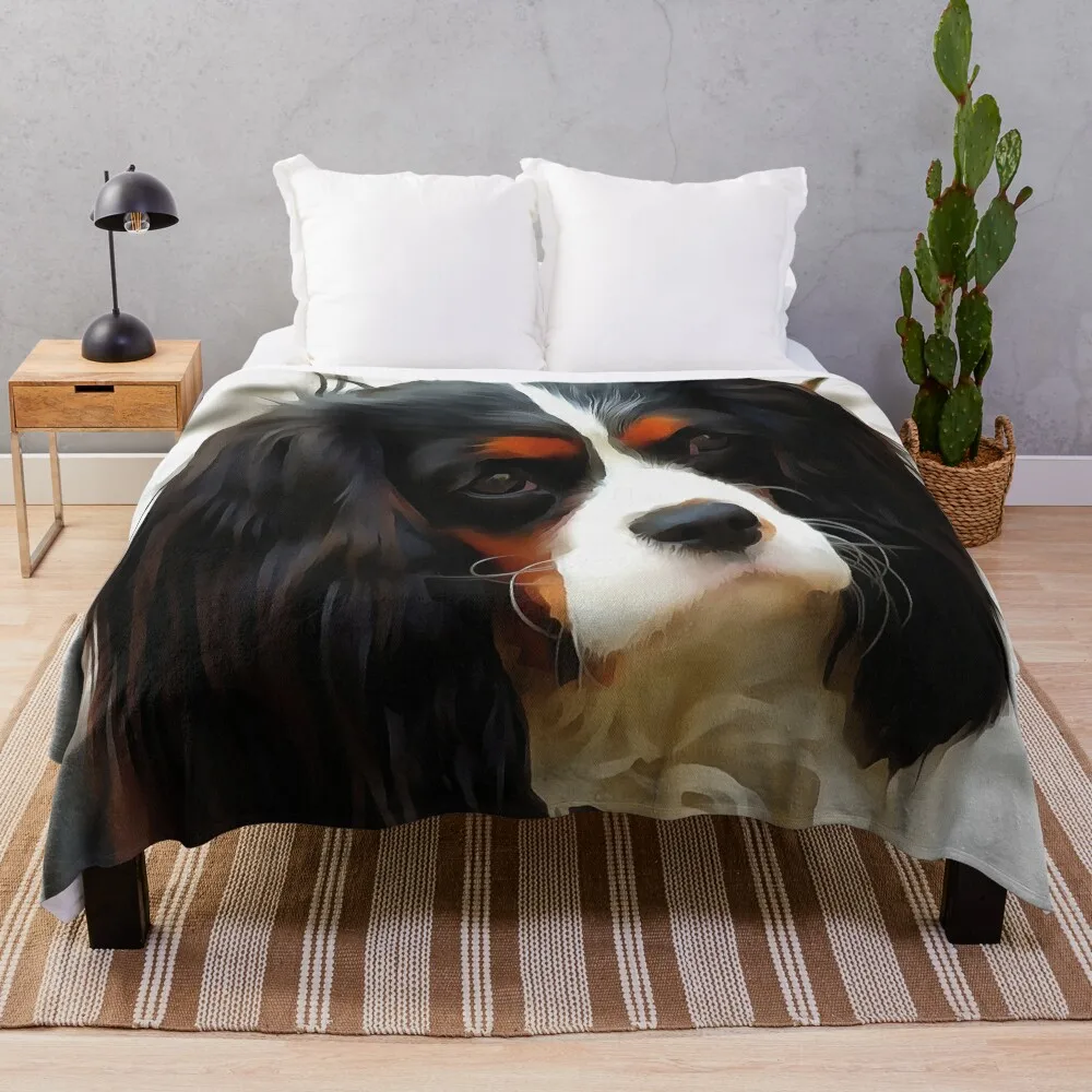 

Portrait Of A King Charles Cavalier Spaniel Throw Blanket Stuffeds Soft Custom Cute Plaid Blankets