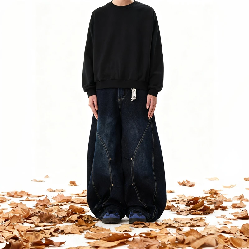 Men's American Retro Blue Loose Machete Wide Leg Jeans Unisex Baggy Straight Leg Sickle Denim Pants Deconstructed Balloon Pants