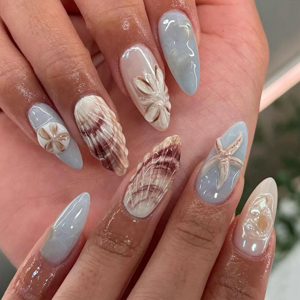 

24 pieces, starfish shells, 3D glue latte process, fake nails, wearing manicure, Spice Girl style manicure.