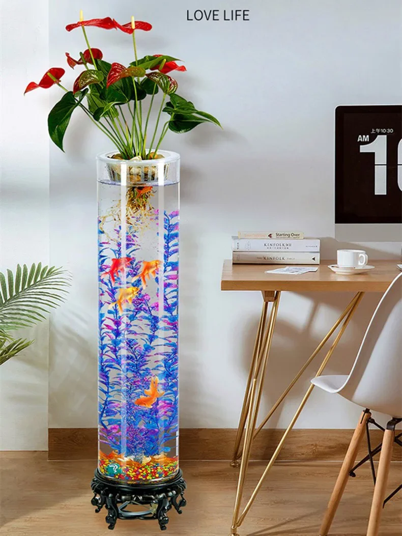 transparent cylindrical floor-to-ceiling light oxygenated fish tank vertical, household indoor, living room glass fish tank
