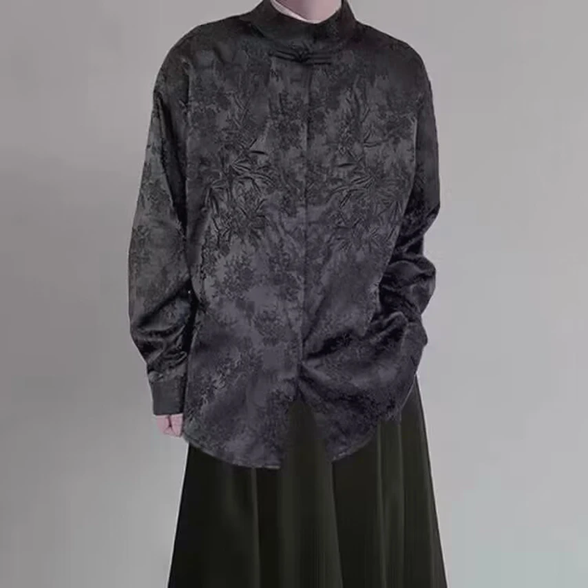 

New Chinese Sle Embroidered irt Men's High-End Tang Costume Stand Collar Flower Pattern Button Design Loose Fit Long Sve