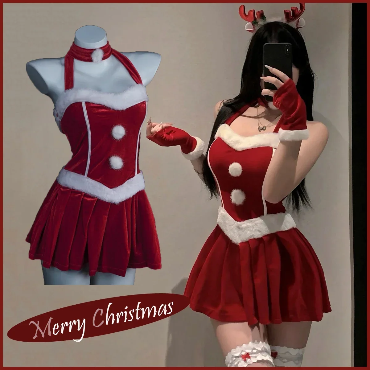 

Супер сексуальный рождественский наряд, ярко-красный олень, Санта-Клаус, косплей, Рудольф, праздничный костюм для вечеринки, новогодняя соблазнительная униформа