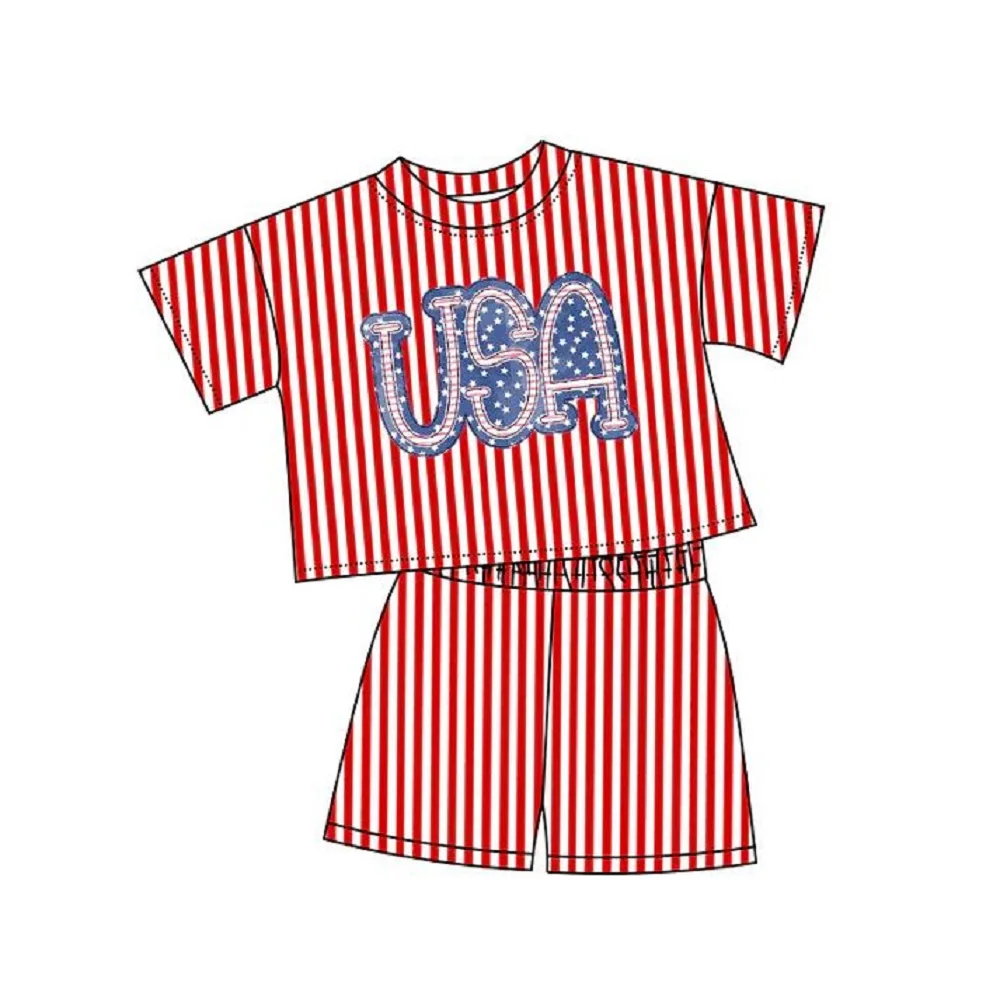 

Boutique Wholesale Baby Girls Red Stripe USA Top Short 4th Of July Pajamas Set Preorder Milk Silk Printing