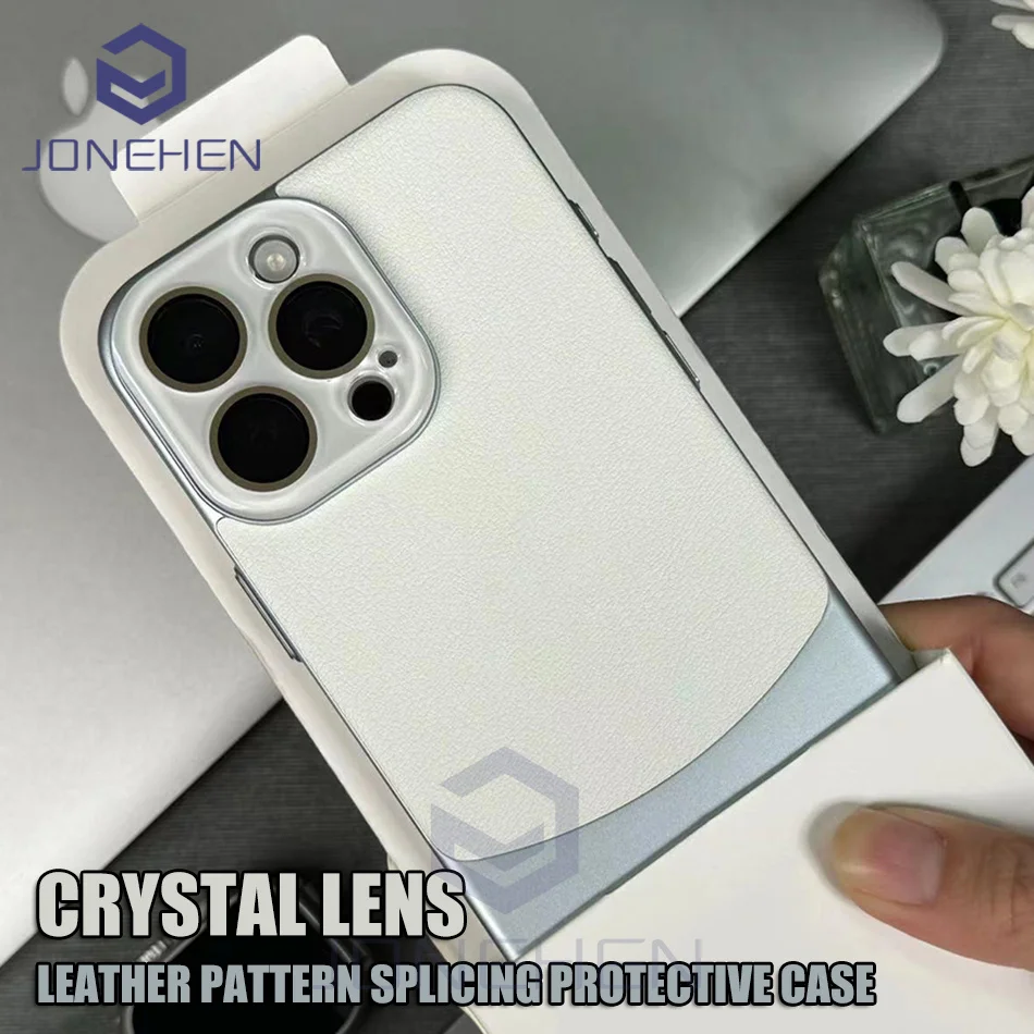 Ultra Thin Crystal Lens Protecion Case For iPhone 15 Plus 14 13 12 Pro Max Luxury Splicing Leather Bicolor Shockproof Hard Cover