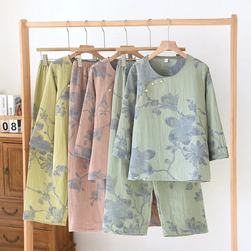 Autumn Pure Cotton Gauze Women\'s Pajamas  Antique Magnolia Print Long Sleeve Round Neck Loose Soft Home Wear Set