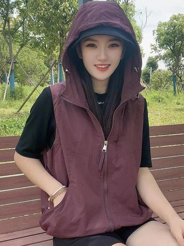 

Однотонная верхняя одежда без рукавов в корейском стиле с капюшоном и завязками, женский летний модный универсальный открытый кардиган-пальто