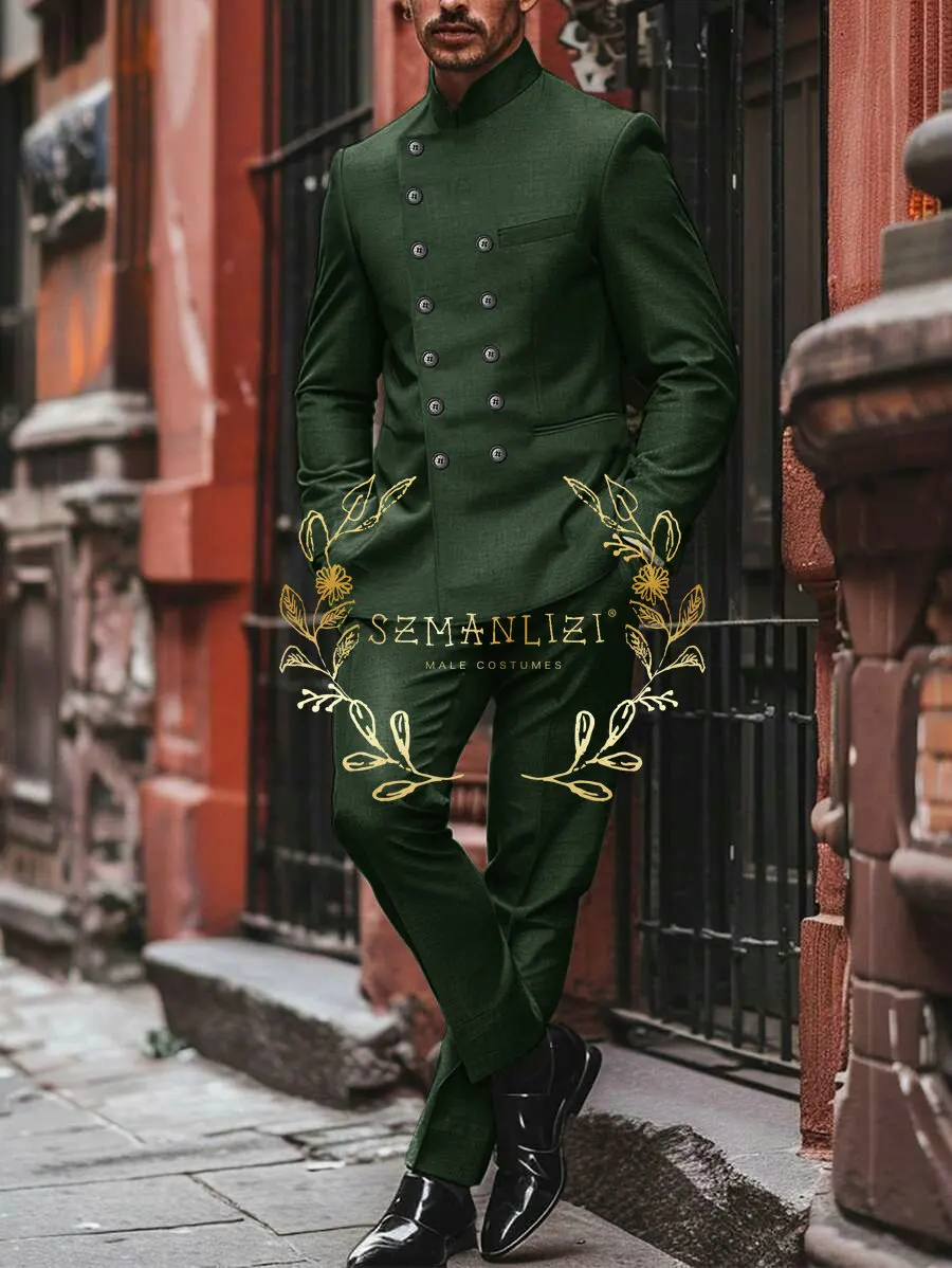Light Grey Men's Suits For Prom Party Double Breasted Stand Collar Slim Fit Male Wedding Clothing Fashion 2 Piece Jacket Pants