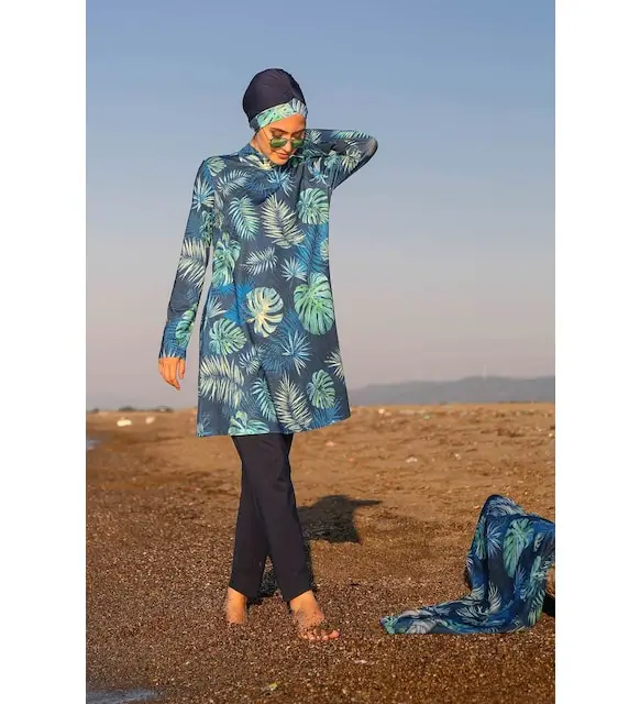 Marina-traje de baño completamente cerrado, hijab, patrón de hoja, M2112