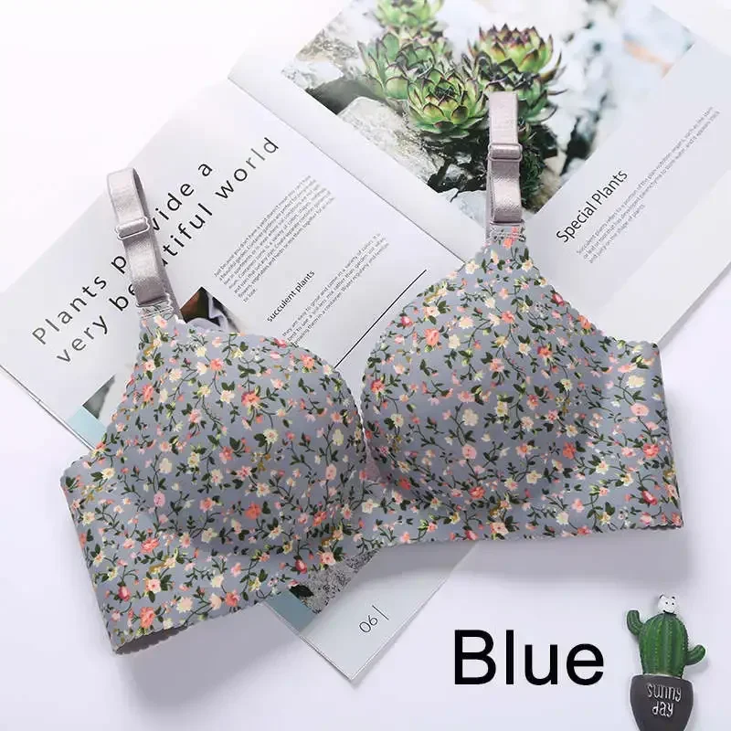 Sexy Lingerie Flower Print Gathered Bras Women Floral Push Up Seamless Bra Underwear