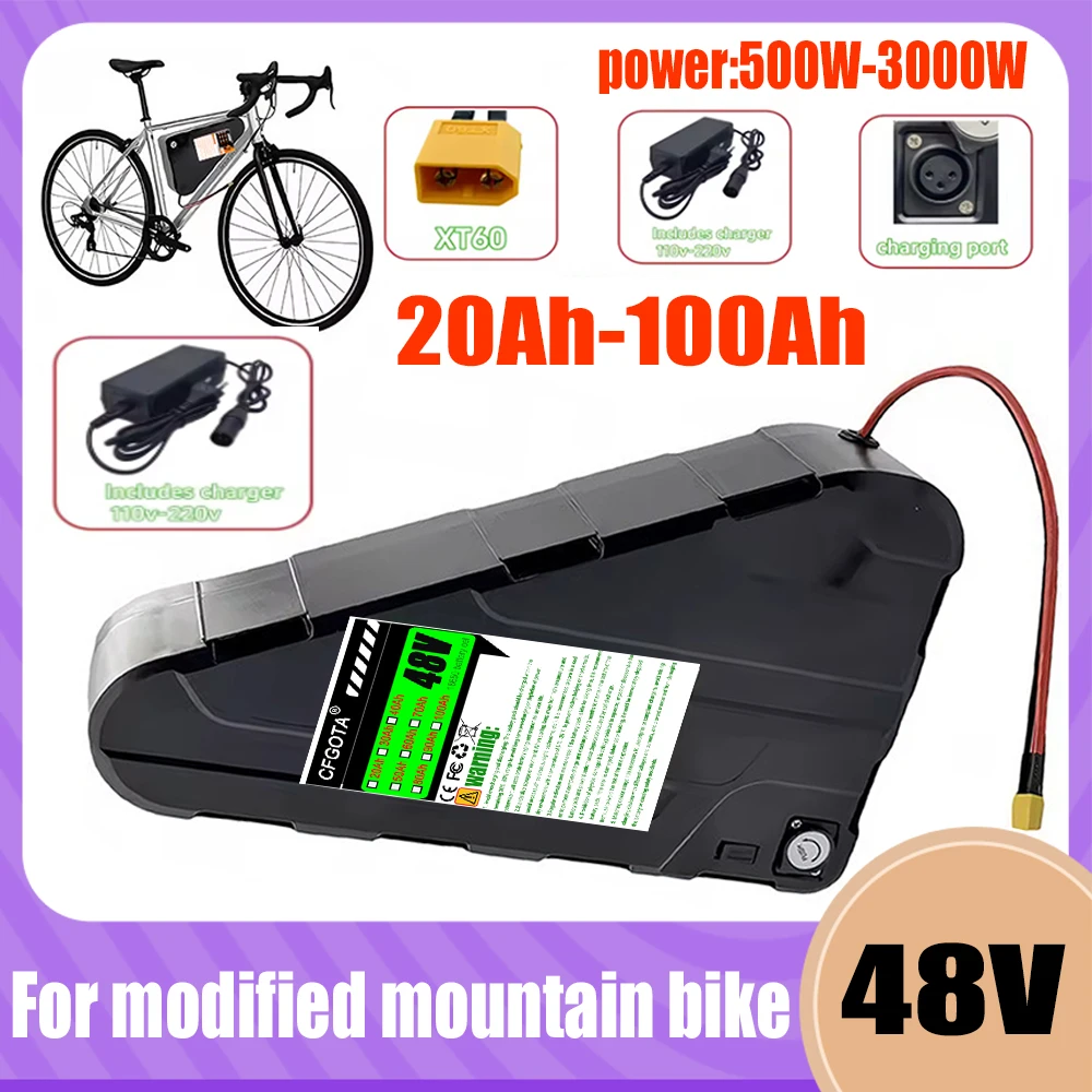 

48V triangular pack battery 100AH large capacity, waterproof hard shell, built-in BMS application,electric scooter 750W-2000W
