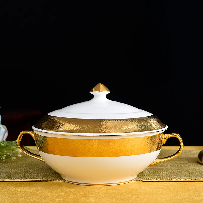 Tableware Retro Luxury Style Big Soup Bowl with Lid Fine Bone China Soup Basin Gold Ceramic Bowl Soup