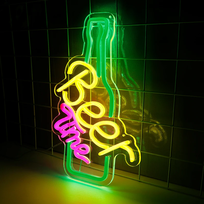 

Beer Time Neon Signs Green Bottle Shaped LED Lights Wall Decorations For Bar Home Party Club Shop Creative Pub Logo Panel Lights